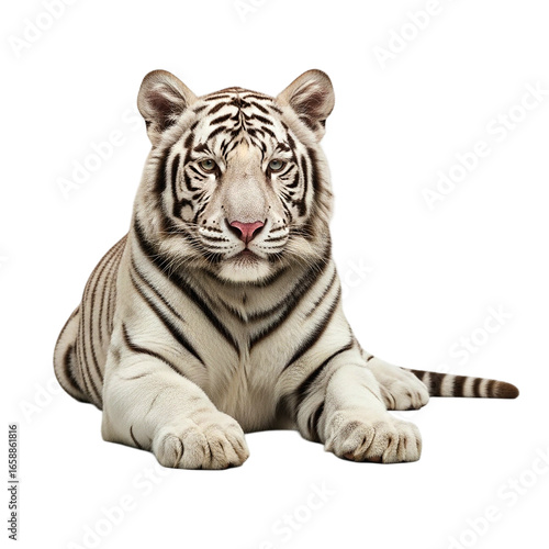 A white tiger with black stripes is lying down looking forward on a  in a studio shot on transparent background