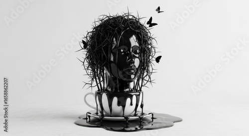 Black liquid engulfing a woman's face emerging from a cup with swirling branches and butterflies