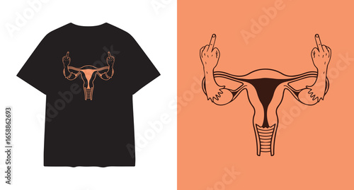 Uterus with middle fingers up on black t shirt and orange background
