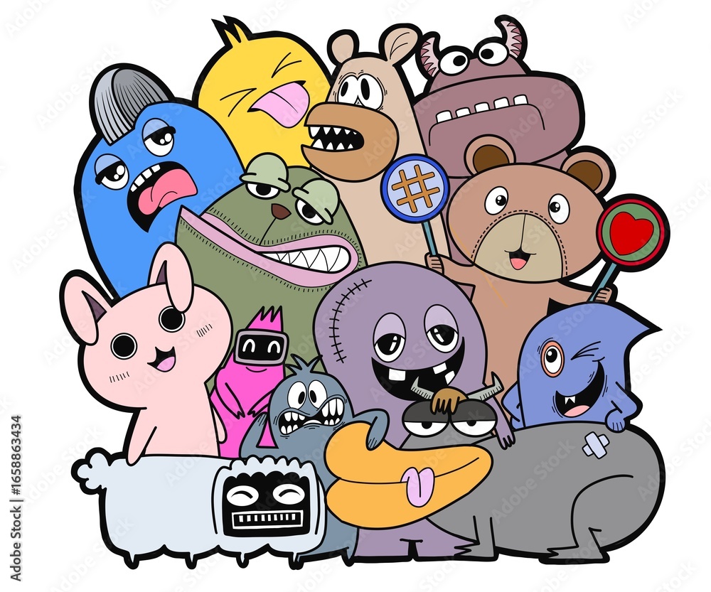 Naklejka premium Hand-drawn illustrations, monsters doodle, Hand Drawn cartoon monster illustration,Cartoon crowd doodle hand-drawn Doodle style.