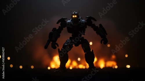 Robotic Sentinel Amidst Fiery Chaos: A Post-Apocalyptic Vision