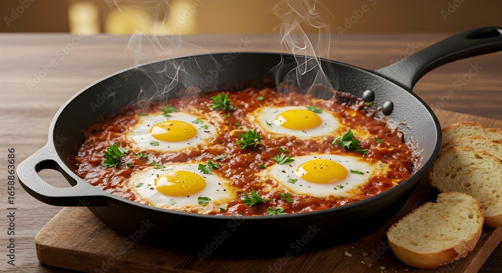 Shakshuka with glossy tomato sauce and poached eggs, hot and vibrant. Shakshuka with glossy tomato sauce and poached eggs, hot and vibrant.