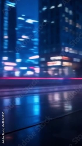 Cyberpunk city lights blurred in motion background.