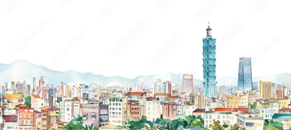 Obraz premium PNG Taipei city architecture watercolor cityscape.