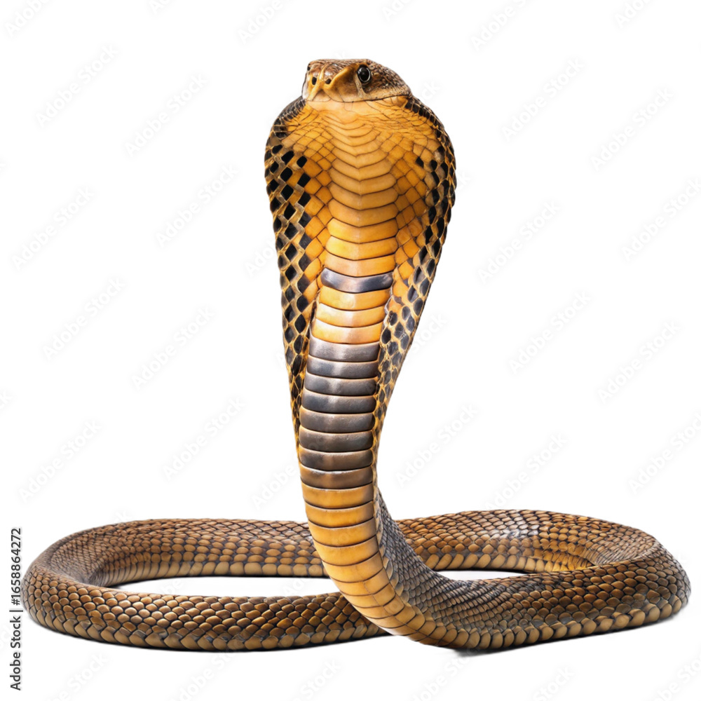 Fototapeta premium King Cobra coiled with hood expanded isolated on a transparent background
