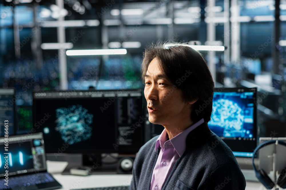 Fototapeta premium Programmer in data center optimizing infrastructure for AI tasks, increasing workloads. Asian employee in server room automating system diagnostics using deep learning predictions