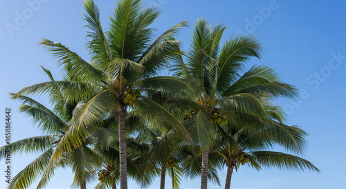 Wallpaper Mural A vibrant cluster of palm trees stands against a clear, brilliant blue sky. The lush green fronds and visible coconuts create a classic symbol of tropical paradise and summer Torontodigital.ca