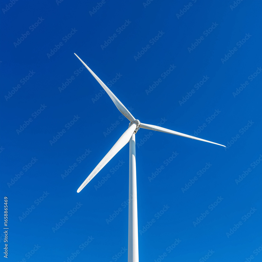 Fototapeta premium Wind Turbine Under Clear Blue Sky - Wide Environmental 