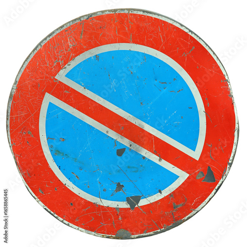 Aged round red blue traffic no parking sign or don't park warning here isolated on white background