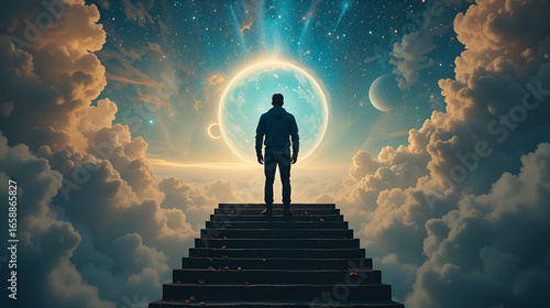 man on the top of stairs observing the future; surreal concept