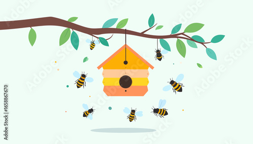 Cheerful bee swarm buzzing around adorable birdhouse hanging from tree branch, inviting spring