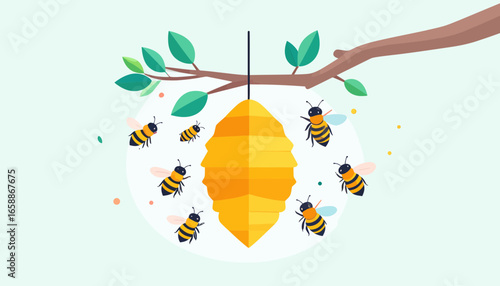 Busy bees buzzing around their hive hanging from a tree branch, a sweet honey harvest concept