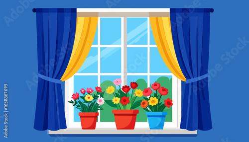 Cheerful potted flowers brightening window with vibrant colors, bringing spring indoors, vector design