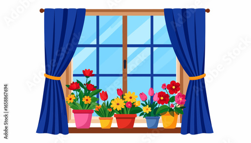 Cheerful spring blooms in window boxes bring vibrant life to a cozy home interior space with sunlight