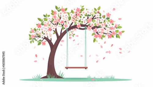 Dreamy spring scene with blooming cherry blossom tree and swing set for idyllic childhood moments
