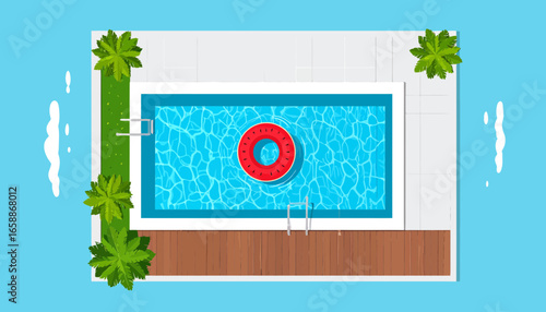 Relaxing summer day at private pool with tropical trees and inflatable watermelon ring floatie, vacation vibes