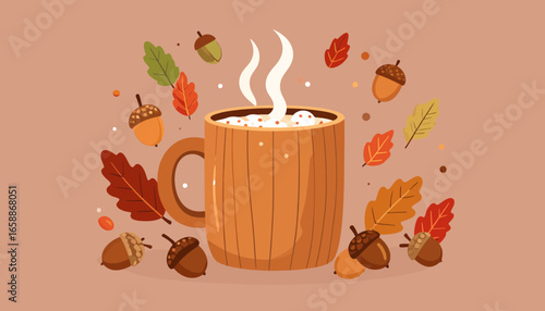 Cozy fall vibes with hot cocoa, steam rising, autumn leaves and acorns scattered around the mug
