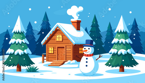 Charming winter cabin scene with snowman, perfect for holiday greetings and seasonal designs