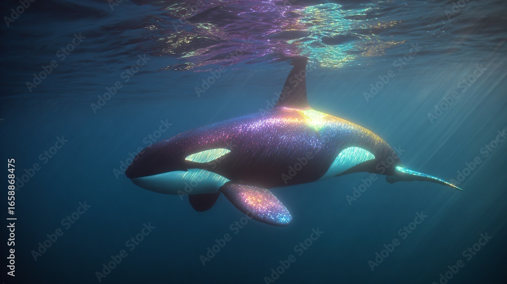 Obraz premium Orca swimming gracefully, large black and white marine mammal gliding through clear water, serene underwater scene.