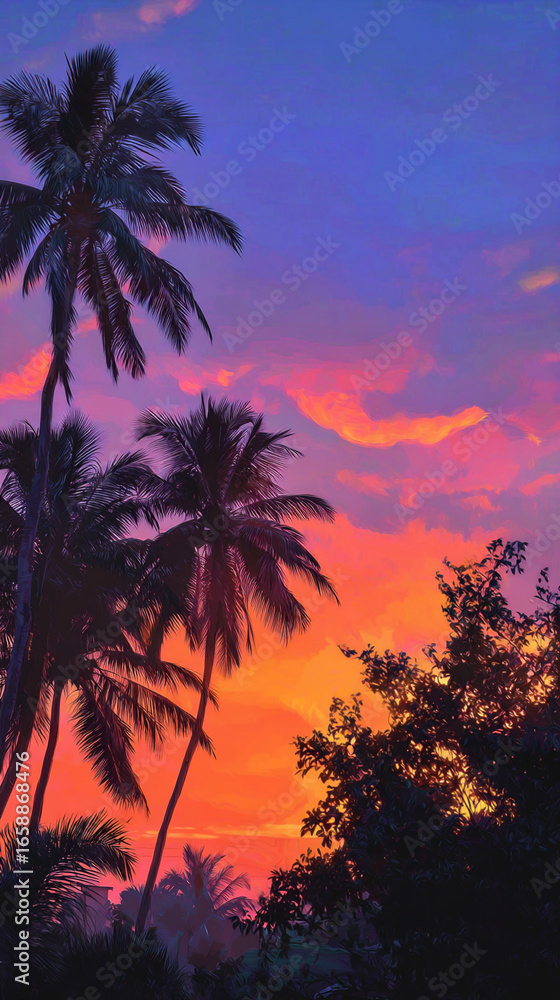 Obraz premium Tropical palm trees silhouette against stunning vibrant orange pink sunset sky over paradise beach