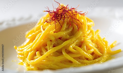 Saffron pasta dish, close-up, white plate, studio shot, food photography