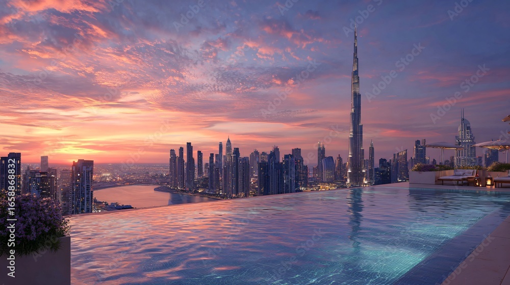 Naklejka premium Serene skyline at dusk, panoramic view of city with warm sunset hues reflecting on tranquil water, perfect for relaxation.