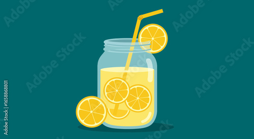 Refreshing lemonade in a mason jar with lemon slices and a straw, perfect for summer refreshment.