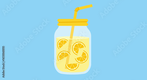 Refreshing summer lemonade in a mason jar with fresh citrus slices and a bright yellow straw