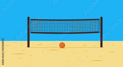 Beach volleyball court setup with ball and net ready for energetic summer fun and games