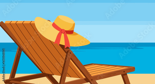 Relaxing summer vacation awaits with beach chair and sun hat by the ocean waves