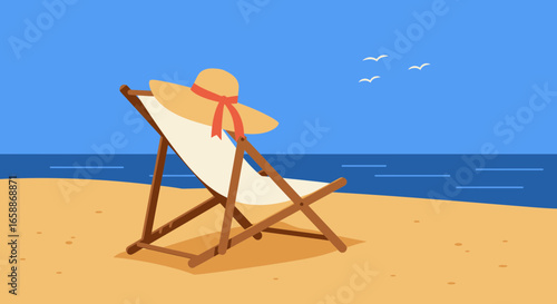 Relaxing empty beach chair awaits your summer vacation bliss by the tranquil ocean waves