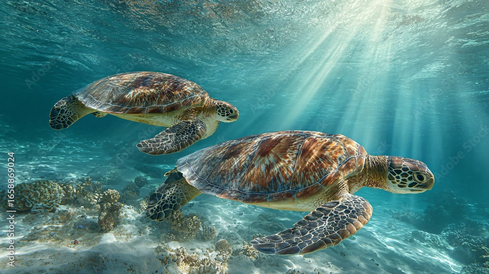 Obraz premium Two peaceful sea turtles swimming gracefully, vibrant underwater scene with sunlight filtering through water, aquatic life theme.