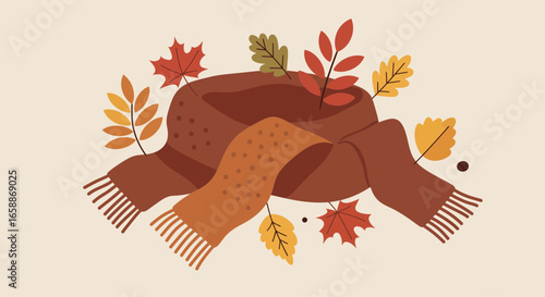 Cozy autumn scarf with falling leaves evokes warmth and seasonal comfort