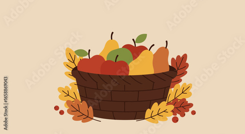 Abundant harvest basket overflowing with colorful apples and pears, surrounded by autumn leaves evoking fall bounty.