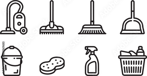 Cleaning Tools and Equipment Outline Icons Set Vacuum Mop Broom Dustpan Bucket Sponge Spray Basket