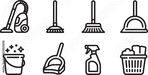 Cleaning Equipment Icons Set Outline Style Vacuum Cleaner Broom Dustpan Bucket Spray Basket