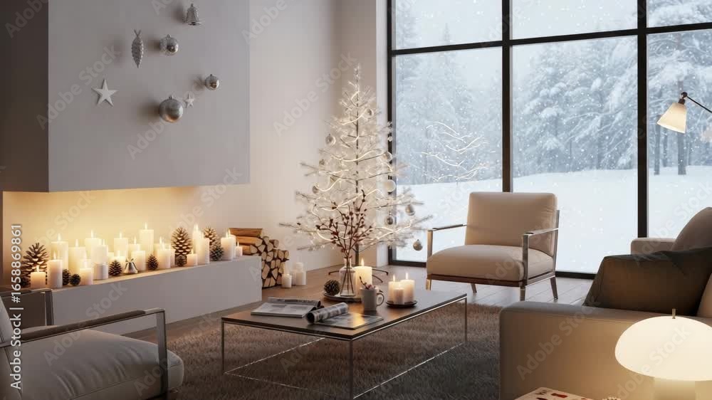Modern minimalist living room with white Christmas tree, candles, pinecones and snowy window view, elegant holiday interior design in serene winter atmosphere
