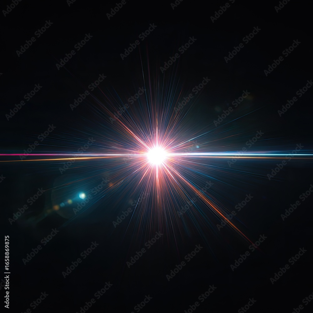 Obraz premium Bright starburst light effect, cosmic space, dark background, design element