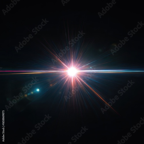 Bright starburst light effect, cosmic space, dark background, design element