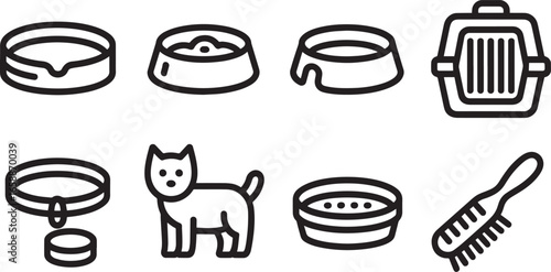 Pet Supplies Outline Icons Set Bowl Carrier Collar Cat Brush Food Water Accessories