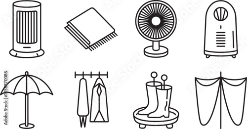 Line Art Icons Collection Featuring Heater, Blanket, Fan, Dehumidifier, Umbrella, and Rain Gear