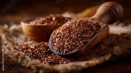 Flax Seeds Abundance Seeds in a Wooden Bowl and Spoon