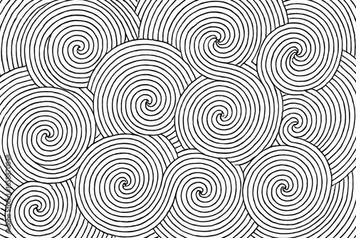 Interlocking spirals of thin black lines form an intricate labyrinth on the canvas, drawing the viewer's eye into its depths. The spirals twist and