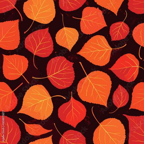 A textured pattern of aspen leaves in vibrant oranges and reds, scattered across the design. The leaves are drawn with detailed vein patterns, adding