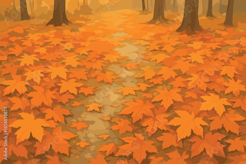 A watercolor depiction of a forest floor blanketed in fallen autumn leaves. The leaves are painted in vibrant oranges and yellows, creating a warm