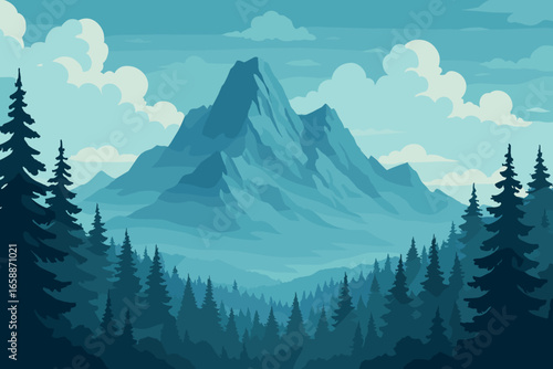 A majestic mountain range towers in the background, its peaks shrouded in mist, creating a sense of grandeur and mystery. Tall, evergreen trees line