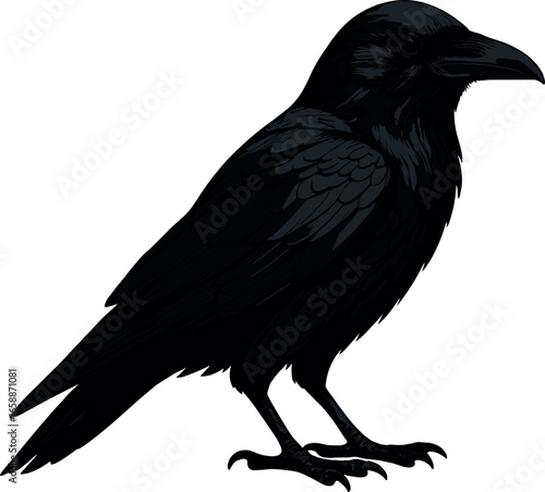 A lone black raven perched with an air of mystery and intelligence. Its sleek, dark feathers contrast sharply against the backdrop, embodying the