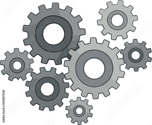 A collection of gears in motion, interlocking to represent teamwork and engineering. Each gear is a different size and shade of gray, creating a