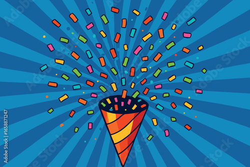 A cone of confetti explodes with a shower of tiny, multicolored pieces, each catching the light as they fall. The dynamic motion of the confetti
