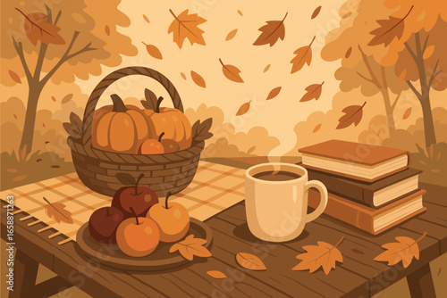 A cozy autumn picnic scene set against a backdrop of falling leaves. The focus is on a rustic wooden table adorned with seasonal fruits, a warm